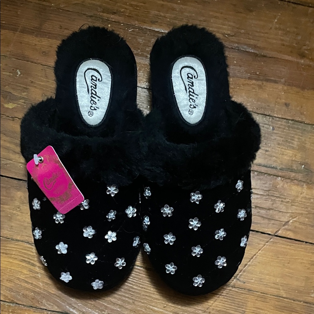 Candie's Black Slippers with White Floral Design